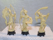 Vintage Norleans Italian Resin Faux Ivory Asian Figurine Set 3 Warrior Fisherman picture