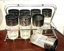 MCM CULVER TYROL HIGHBALL GLASS W/ WIDE TEXTURED SILVER BAND 8pc BARWARE SET (5E picture