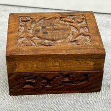 Vtg Hand Carved Wooden Floral Trinket Box Jewelry Ring Box SIgned/Stamped picture