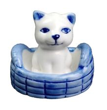 Vtg Cat Kitty Sitting Basket Delft Blue Porcelain Miniature Figurine Handpainted picture