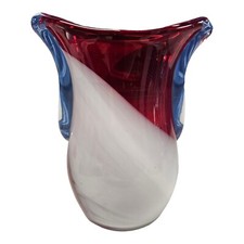 Red And White Abstract Hand Blown Art Glass Thick Vase NO Chips or Cracks READ picture