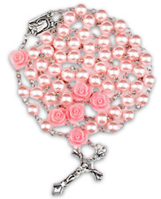 Pink Pearl Beads & Roses Rosary Necklace with Jerusalem Crucifix  picture