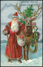 Long Red Robe Santa Claus with Big Reindeer~Tree~Antique~Christmas Postcard~k465 picture