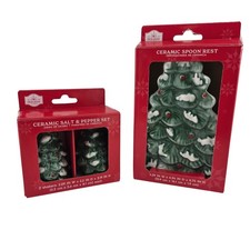 Holiday Time Ceramic Christmas Tree Salt Pepper Shakers Spoon Rest Set picture