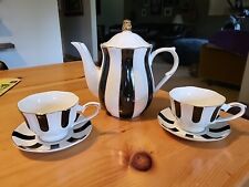 Grace Teaware Black, White, Gold Scallop Fine Porcelain Tea Set Teapot + 2 Cups picture