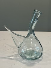 Vintage Hand Blown Spanish Porron Wine Decanter Bottle Blueish-Green Tint Glass picture