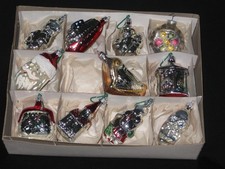 11 LARGE UNIQUE WHIMSICAL VINTAGE MERCURY GLASS CHRISTMAS ORNAMENTS W/BOX POLAND picture