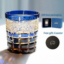Japan Style Edo Kiriko Colored Spirits Cup For Whiskey Glass Hand Cut 9oz Blue picture