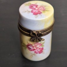 Vintage Limoges France Rehausse Main Pink Flower Porcelain Jar Trinket Box picture