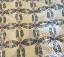 Vintage Arch Quilts Double Wedding Ring Quilt Queen Full Blue Calico Patchwork picture