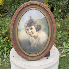 Vintage Oval Bubble Glass Picture Frame Wood Portrait Antique Woman 25x19 As Is picture