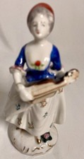 Porcelain Figurine Colonial Woman Holding Mandolin Made Handpainted Japan 7 in H picture