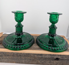 Vintage Emerald Green Pressed Glass Candlesticks Pair Egg and Dart Neoclassical picture