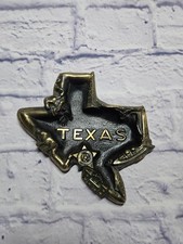 Vintage TEXAS Traveler HEAVY Brass Texas-Shaped Ashtray w/ Cowboy Longhorn Alamo picture