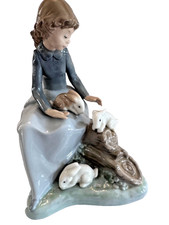 Nao Lladro Figurine Young Girl 3 Bunny Rabbits Sitting on Log #1026 Retired 1987 picture