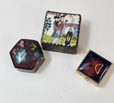 3 Vintage Floral Cloisonne Miniature Trinket Pill Boxes Swirl Giesha Enamel picture