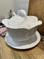 NEW Vintage Portuguese Majolica White Cabbage Leaf Soup Tureen w/ Lid and Ladle picture