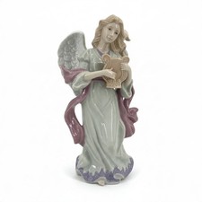Porcelain Angel Playing Lyre Harp Figurine Pastel Green Purple Musical Decor picture