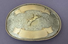 VTG Gigantic HUGE Montana SS Solid Nickel Bucking Bronc 6” Trophy Belt Buckle picture