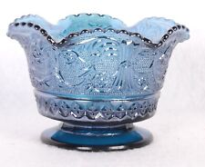 Vintage Indiana Blue Carnival Glass Scalloped Ruffle Embossed Footed Bowl 3