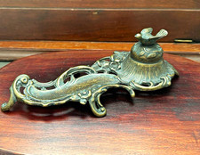Antique Art Nouveau Brass Desk Inkwell & Pen Tray - Figural Birds Nest, 1900's picture