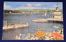 Vintage 1949 Linen Postcard Newport Harbor CA Bathing Beach Balboa Island Posted picture