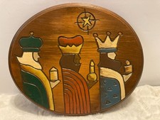 Vintage Hand Carved Wood Three Wise Men Oval Nativity Wall Plaque Signed JP picture