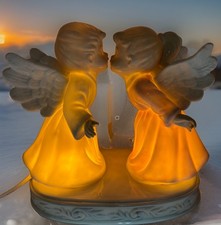 Vtg Kissing Angels Pastel (Pink & Green) Ceramic Night Light Table Lamp MINT 6” picture