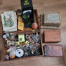 Estate/Moving Sale Lot Vintage Jewelry Keys Boxes Watches Postcards Stamps Boxes picture