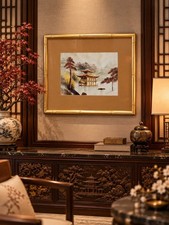 Wall Art Japanese Pagoda Embroidery 17.5 x 15 in Glass and Bamboo picture