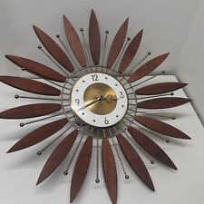 Vintage MCM FORESTVILLE Sunburst  Retro Wall Clock Wood And Brass 22