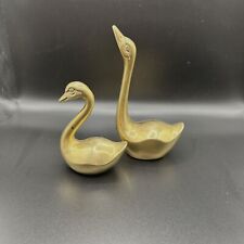 Vtg Pair of Mid Century MCM Solid Brass Swan Figurines Boho-Birds-Gold-Patina picture
