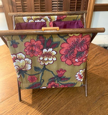 Vintage MCM Wooden Folding Knitting Caddy Seewing Basket Floral Retro Organizer picture