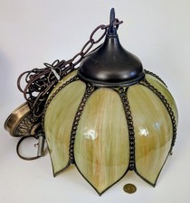 Vtg MCM Green Carmel Slag Glass Hanging TULIP Pendant Swag Lamp Pendant Fixture picture