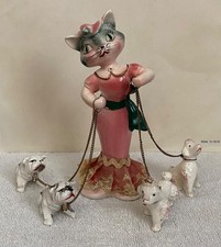 Vintage Anthropomorphic Girl Cat Figurine w/Poodle & Bulldog Pets - Gorgeous Cat picture