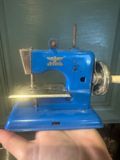 Vintage Casige Blue Miniature Toy Sewing Machine Hand Crank Eagle Logo picture