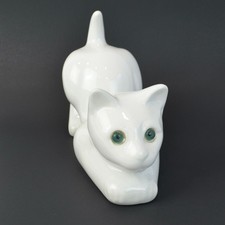 ELPA Portugal White Cat Ceramic Vintage Green Glass Eyes 9.5