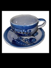 Tonala Mexican Fun Cup Saucer Artisan Handcrafted Cobalt Blue Bird picture