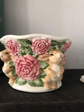 Ceramic Planter Bunnies  Rabbit &  Pink Flowers in Relief  4” h x  6” w Caffco  picture