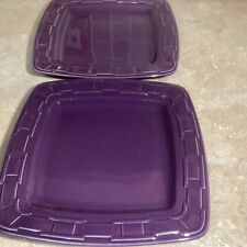 2 Longaberger Pottery Woven Traditions EGGPLANT Soft Square Dinner Plates 11” picture