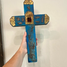 Large Vintage Mexican Milagros Cross Wood Hand Painted Turquoise Folk Art 15