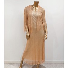 Vintage 2 PC Damianou Gold Shimmer Sheer Fringe Evening Dress & Jacket Size S picture