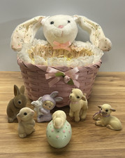 Vintage Pink Easter Basket White Rabbit PLUS flocked animals 11X7 inches picture