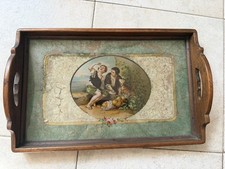 Vintage Wooden Serving Tray With Glass Top Handles And Classic Romantic Art picture