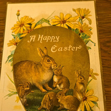 Antique Vintage Easter Postcard A Happy Easter Rabbits Flowers Postmarked 1911 picture