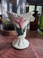 Vintage Hull Pottery Art Deco Vase - Ivory with Pink Lily & Gold Trim (6