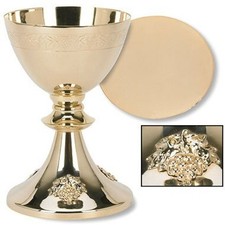 Brass 24kt Gold Plated Grape Cluster Design Chalice & Paten Home Decorative Set picture