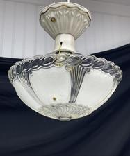 REWIRED Vtg Art Deco Semi Flush Mount Glass Ceiling Light White Clear, Porcelain picture