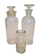 Three Vintage  Apothecary Bottles Two Glass Stoppers One TCW Co. Varies Sizes picture