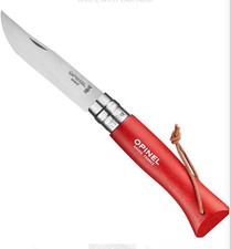 NEW Opinel No.8 Stainless Steel Blade w/“Deep Red” Handle + Lanyard, Ultra-Thin picture